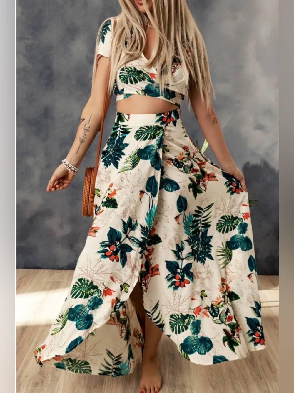 Tropical Floral Maxi Skirt Two Piece Set
